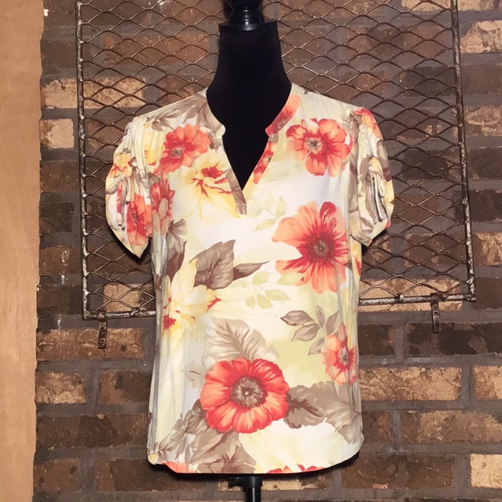 Caribbean Joe cotton blouse floral Hawaiian Print green, yellow, tan L